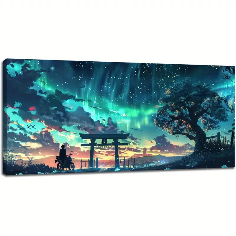 Abstract Teal Trees & Red Torii Gates Wall Art canvas office home room framed 120x60cm