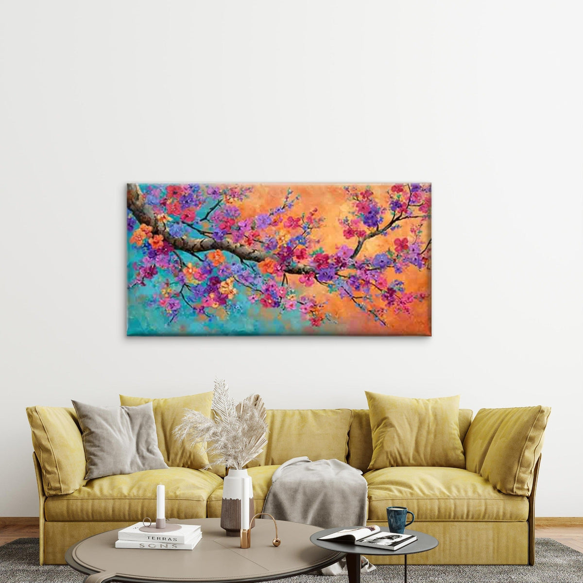 Vibrant Flower Branch Wall Art Canvas Office Home Room Framed 120x60cm