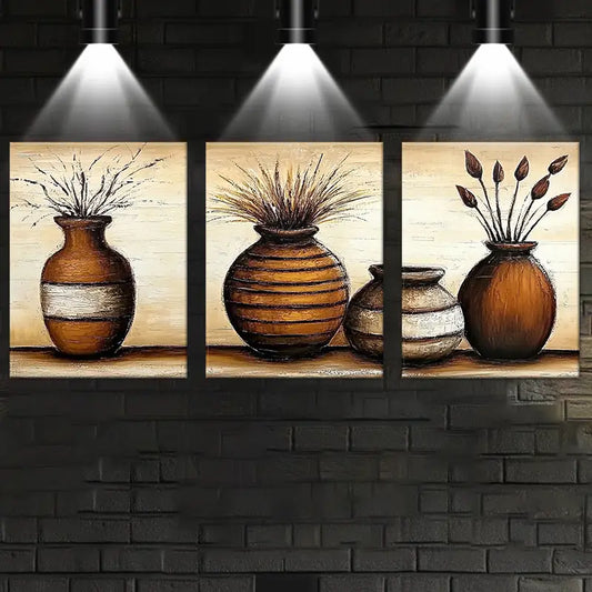 3pcs Elegant Plant Vase Classic Floral & Foliage Design Metal Print Ready to Hang Art