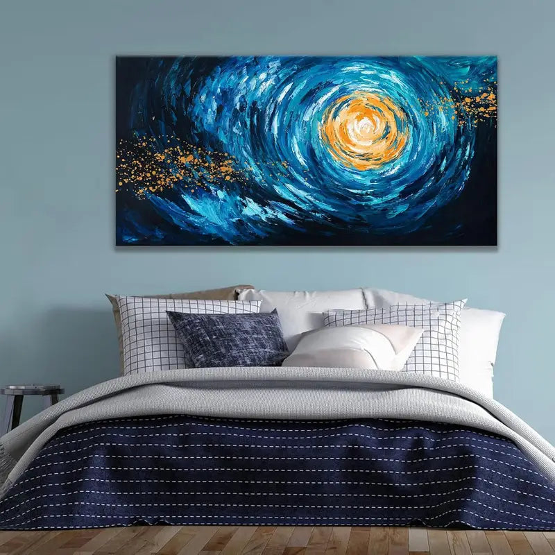 Coastal Beach Starry Nights Blue & Golden Wall Art canvas office home room framed 120x60cm