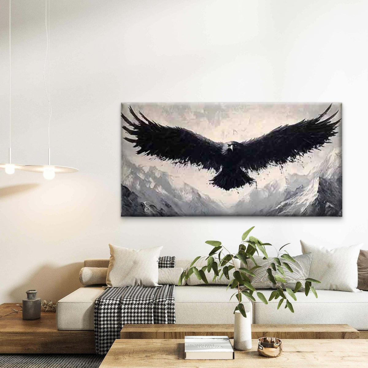 Soaring Eagle Black Ink Tones Wall Art Canvas Office Home Room Framed 80x45cm