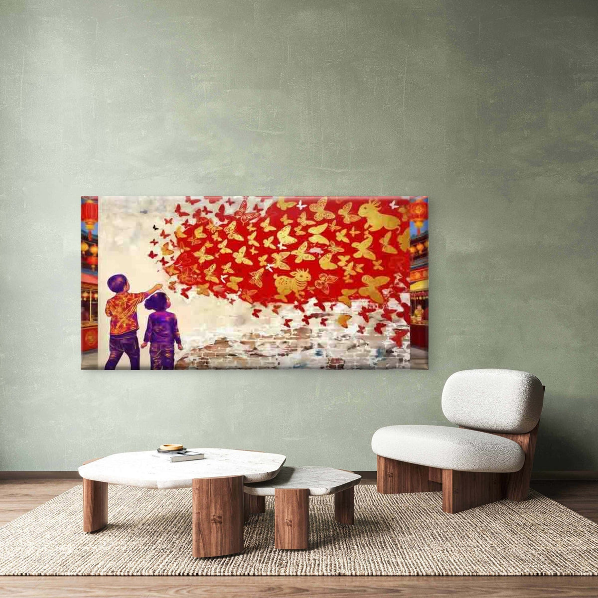 Children Watching Red Butterfli Wall Art Canvas Office Home Room Framed 120x60cm