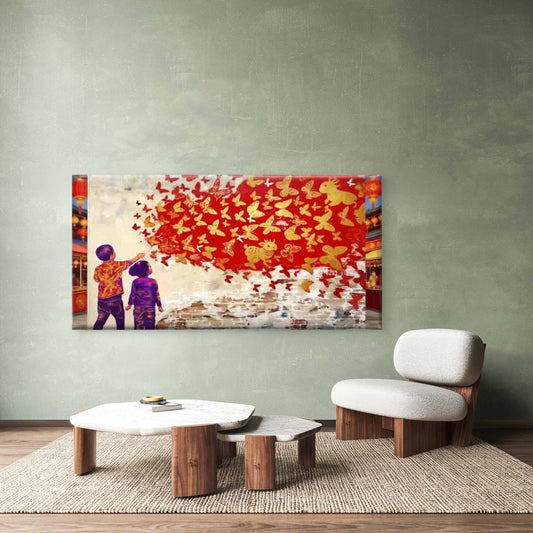 Children Watching Red Butterfli Wall Art Canvas Office Home Room Framed 120x60cm