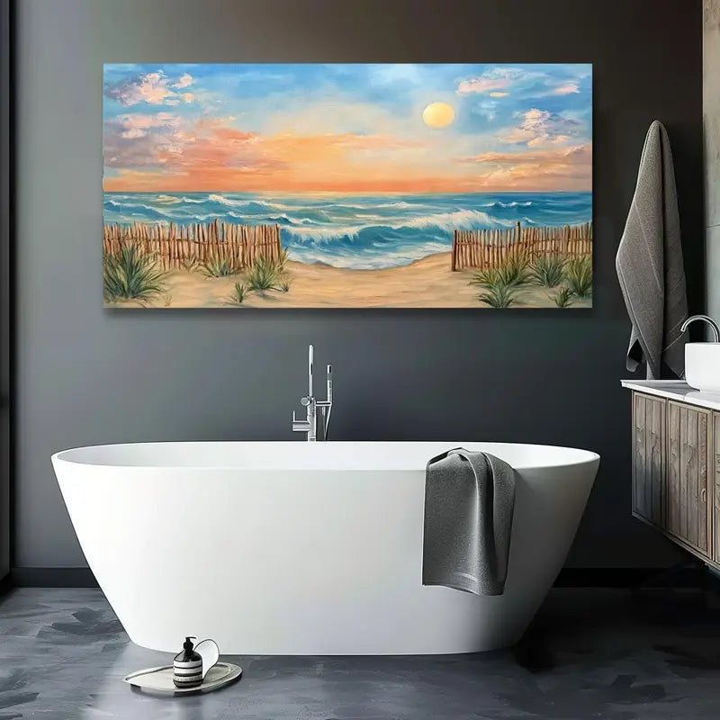 Nautical Beach Sunset Vibrant Coastal Scene Serene Ocean Waves & Sandy Shores Wall Art canvas office home room framed 120x60cm