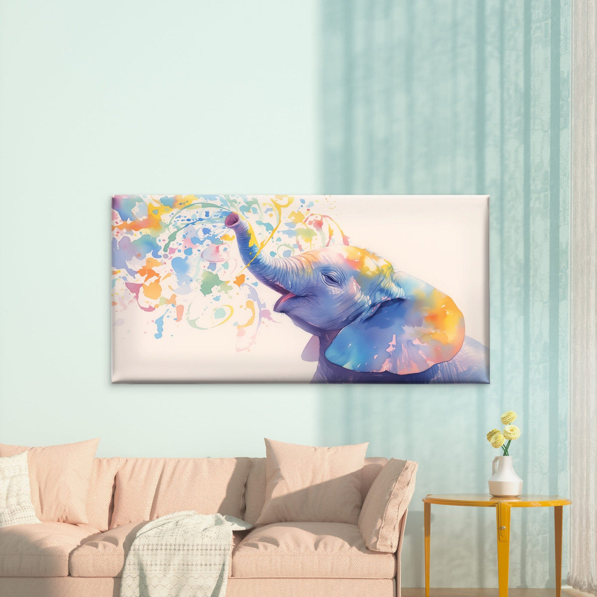 Joyful Elephant Rainbow Spray Wall Art Canvas Office Home Room Framed 80x45cm