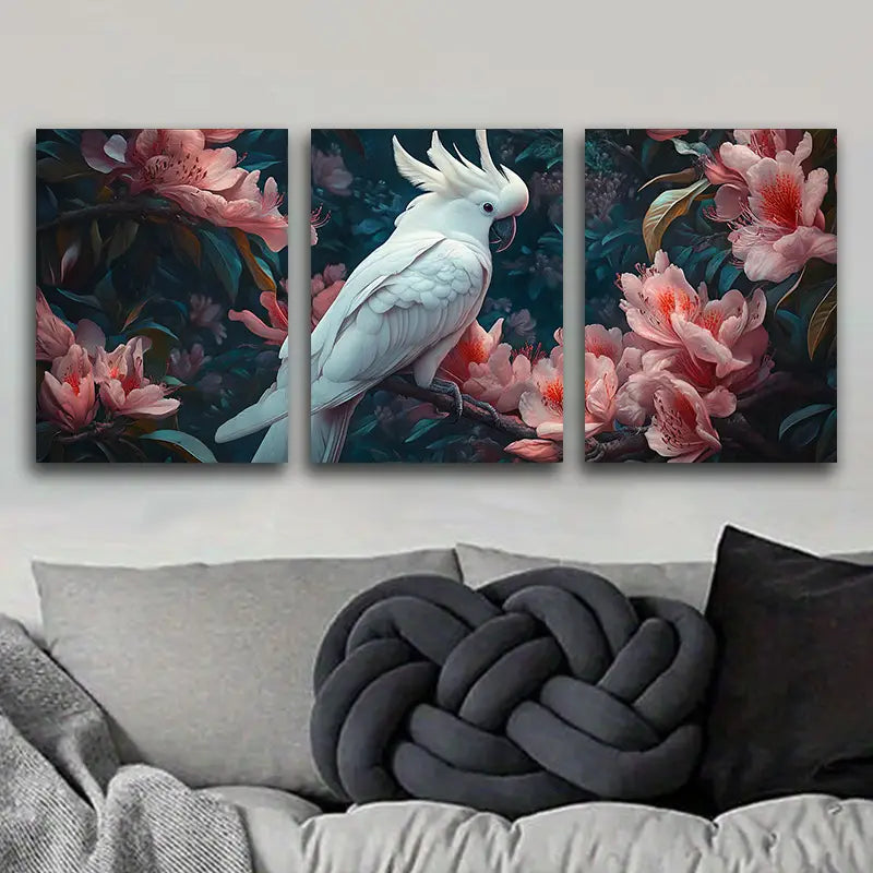 3pcs White Cockatoos & Floral Branches Metal Print Ready to Hang Art