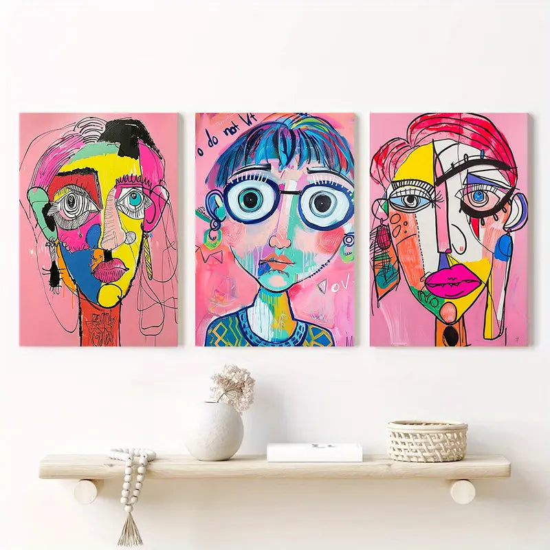3pcs Colorful Geometric Faces with Bold Features and Expressions Metal Print Ready to Hang Art