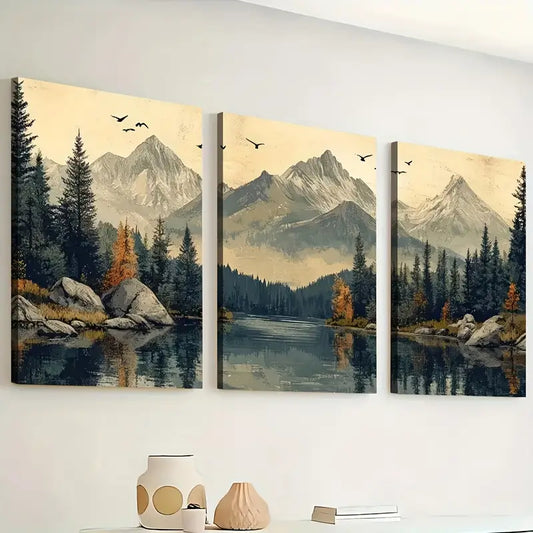 3pcs Ready to Hanging, Modern Wind Natural Forest Mountain Scenery Nature Wall Art Set Canvas Framed 40x60cm - High Quality Print 100% Australian Made Wall Canvas Ready to Hang