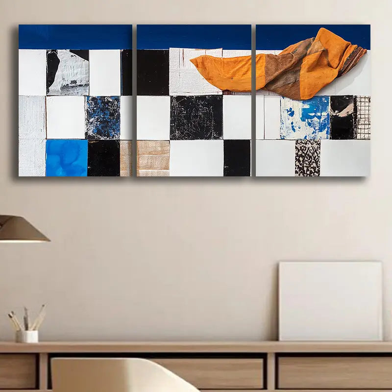 3pcs Blue and white in the grid Metal Print Ready to Hang Art