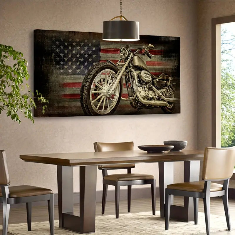 American Flag Retro Motorcycle Wall Art canvas office home room framed 120x60cm