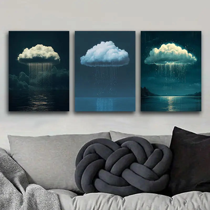 3pcs Featuring a Solitary Cloud with Rain Metal Print Ready to Hang Art