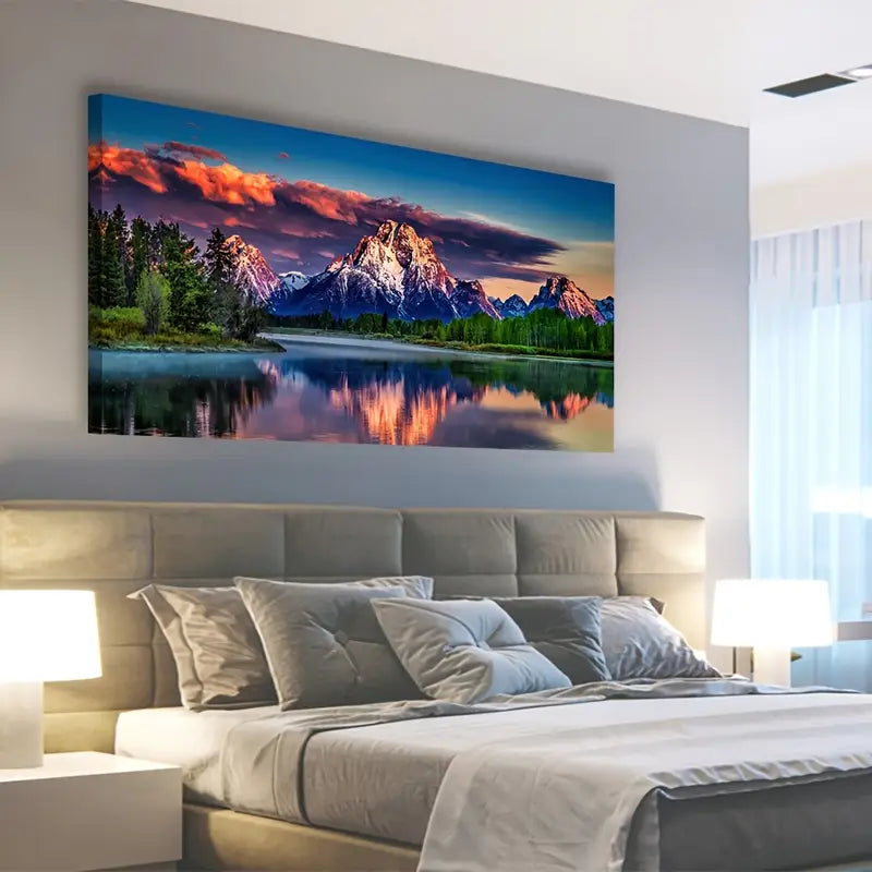Grand Teton National Park Sunset Mountain River Forest Scenery Wall Art canvas office home room framed 120x60cm