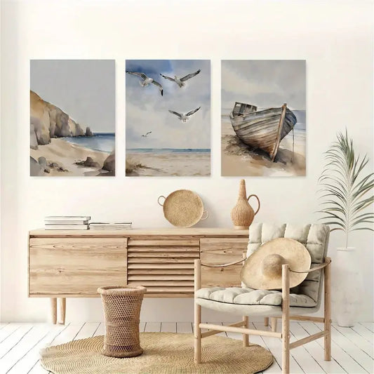 3pcs Watercolor Coastal Ocean Painting Metal Print Ready to Hang Art