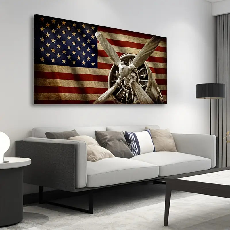Vintage American Flag Airplane Propeller Wall Art canvas office home room framed 120x60cm