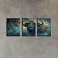 3pcs Dark Blue Abstract Cow Golden Design Metal Print Ready to Hang Art