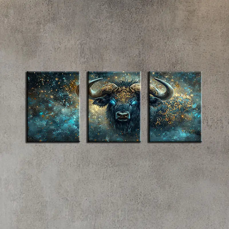 3pcs Dark Blue Abstract Cow Golden Design Metal Print Ready to Hang Art