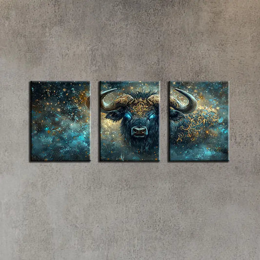 3pcs Dark Blue Abstract Cow Golden Design Metal Print Ready to Hang Art
