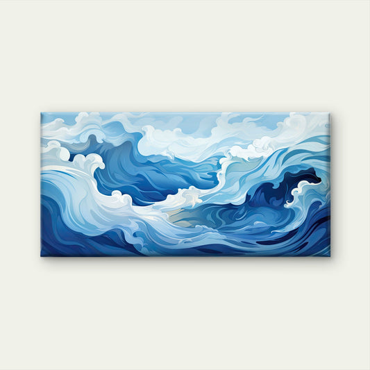 Abstract Blue Ocean Waves Wall Art Canvas Office Home Room Framed 80x45cm