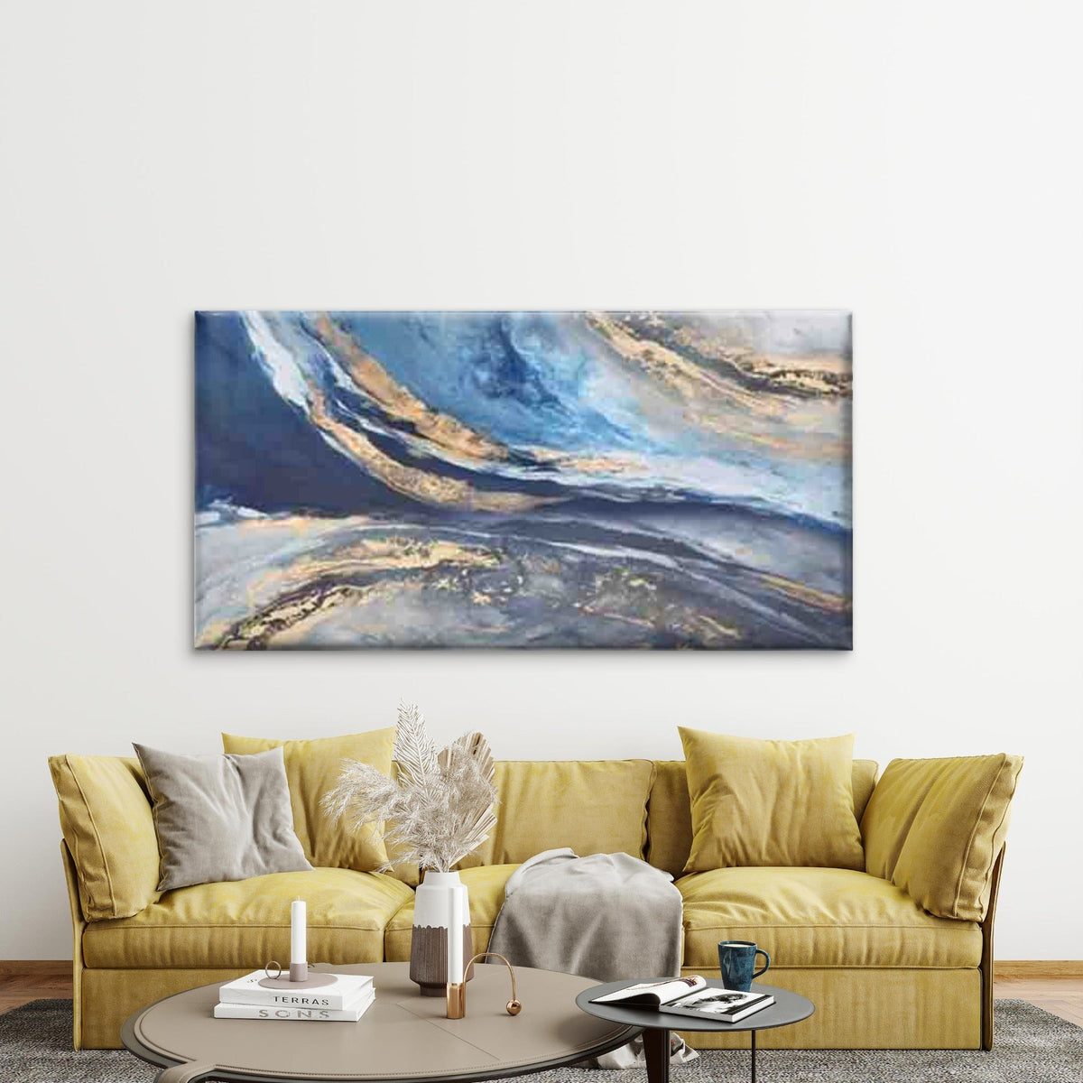 Abstract Blue And Golden Swirl Wall Art Canvas Office Home Room Framed 120x60cm