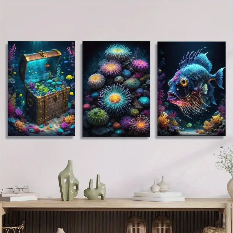 3pcs Luminous Marine Life, Treasure Chest Underwater Metal Print Ready to Hang Art