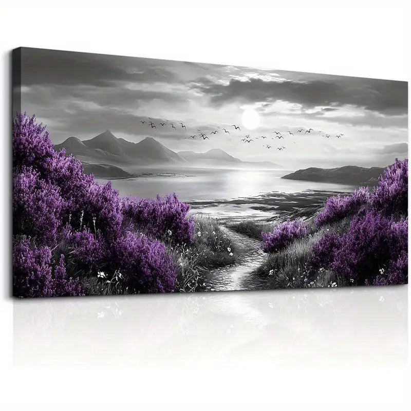 Purple Flowers & Black White Scenery Wall Art canvas office home room framed 120x60cm