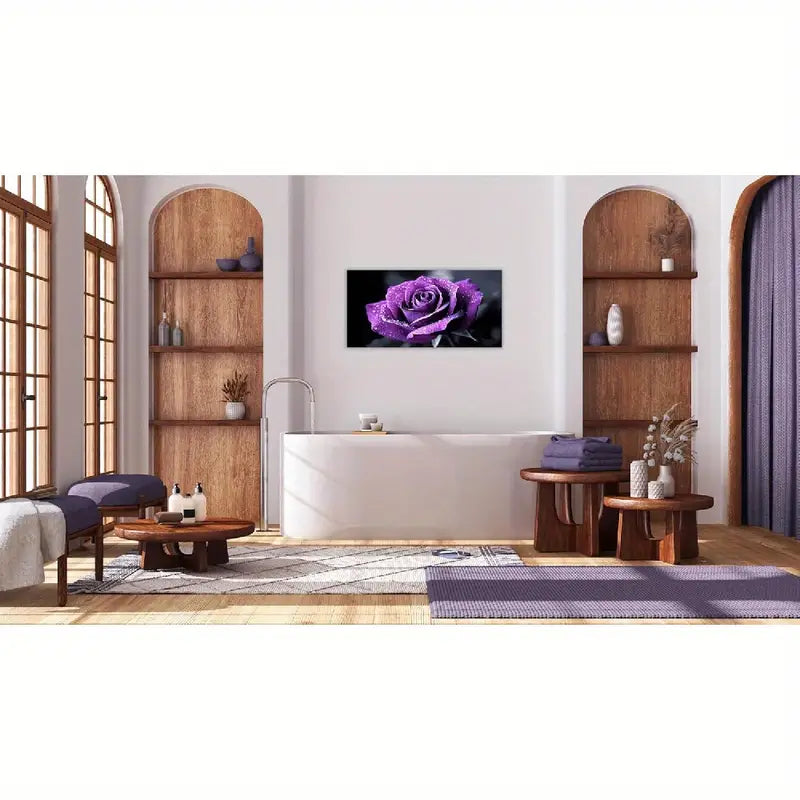 Vibrant Purple Rose Dewdrops Wall Art canvas office home room framed 120x60cm
