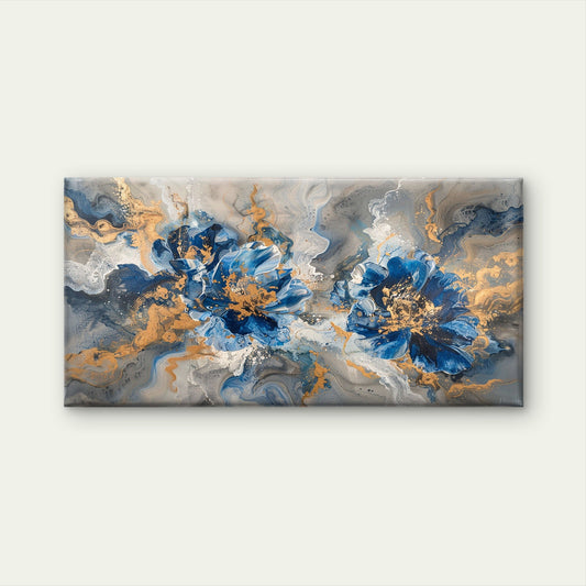 Abstract Navy Blue Floral Wall Art Canvas Office Home Room Framed 80x45cm