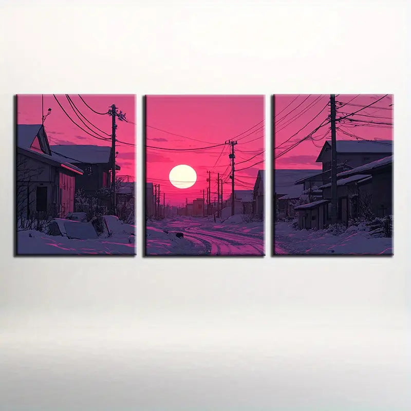 3pcs Snow-Covered Arctic Town Painting Classic Design Metal Print Ready to Hang Art