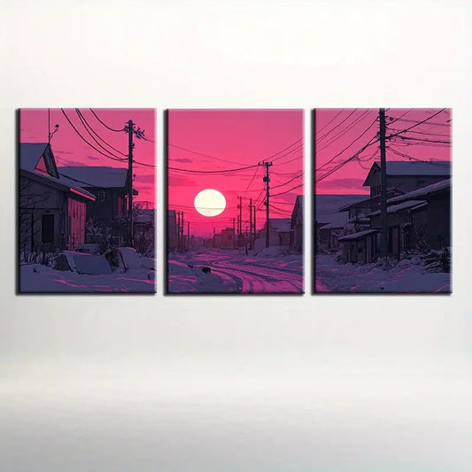 3pcs Snow-Covered Arctic Town Painting Classic Design Metal Print Ready to Hang Art