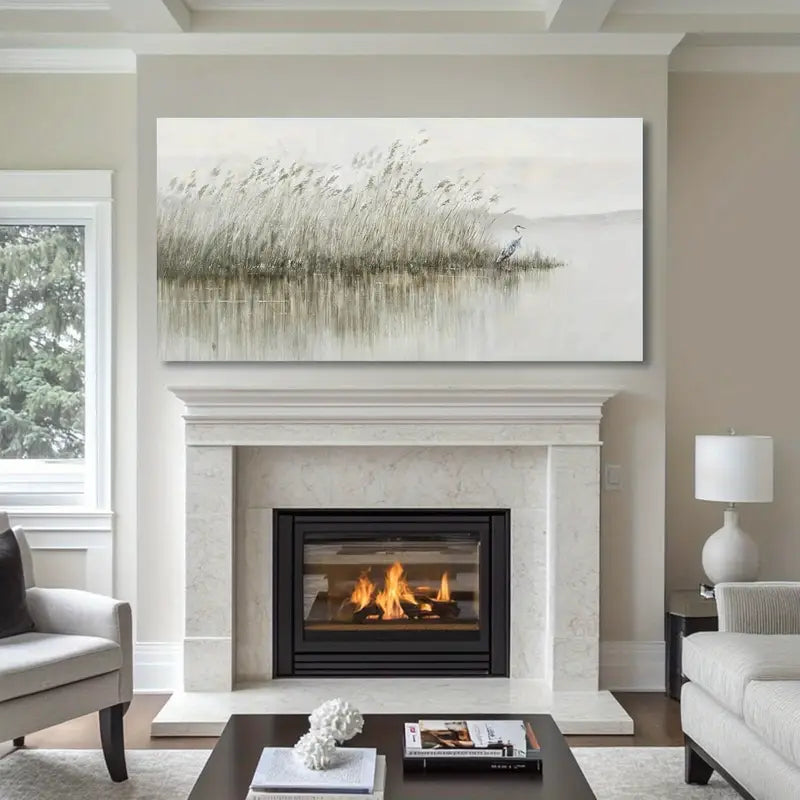 Vintage Reed & Egret Serene Nature Wall Art canvas office home room framed 120x60cm