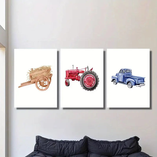 3pcs Vibrant Tractor & Truck Illustrations, Watercolor Metal Print Ready to Hang Art