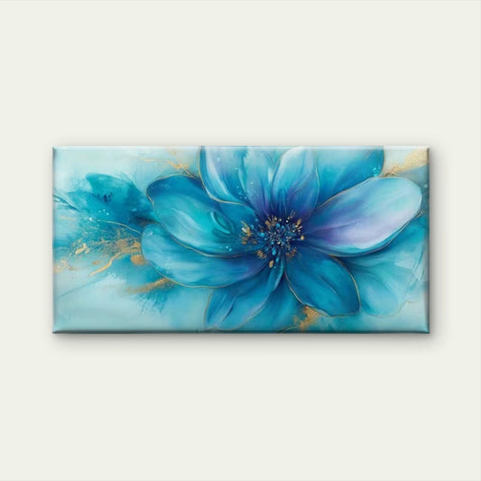 Blue Floral Abstract Golden Wall Art Canvas Office Home Room Framed 80x45cm