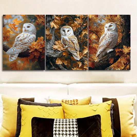 3pcs Owl on Oak Tree Metal Print Ready to Hang Art