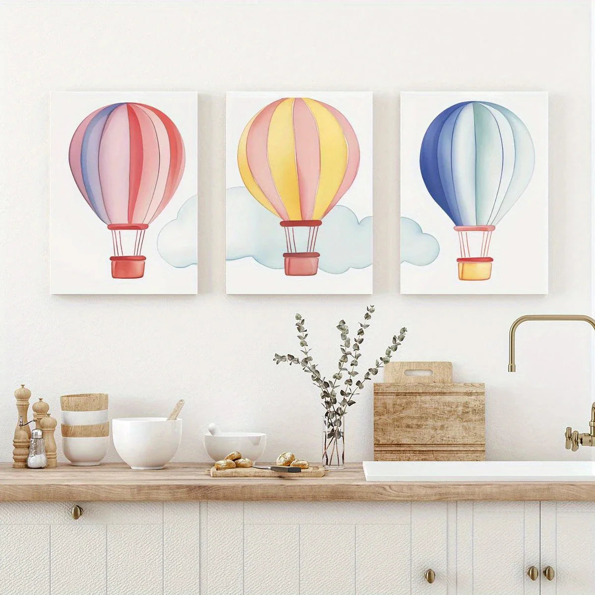 3pcs Hot Air Balloon Watercolor Classic Design Metal Print Ready to Hang Art