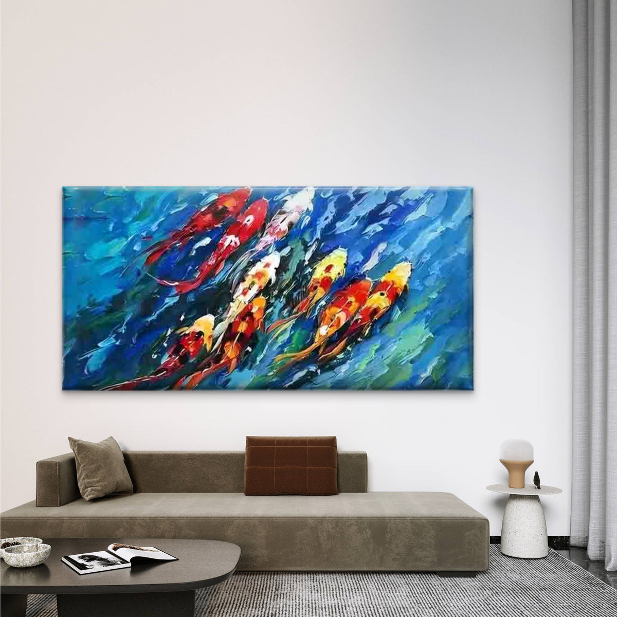 Blue Water Koi Swimming Wall Art Canvas Office Home Room Framed 120x60cm