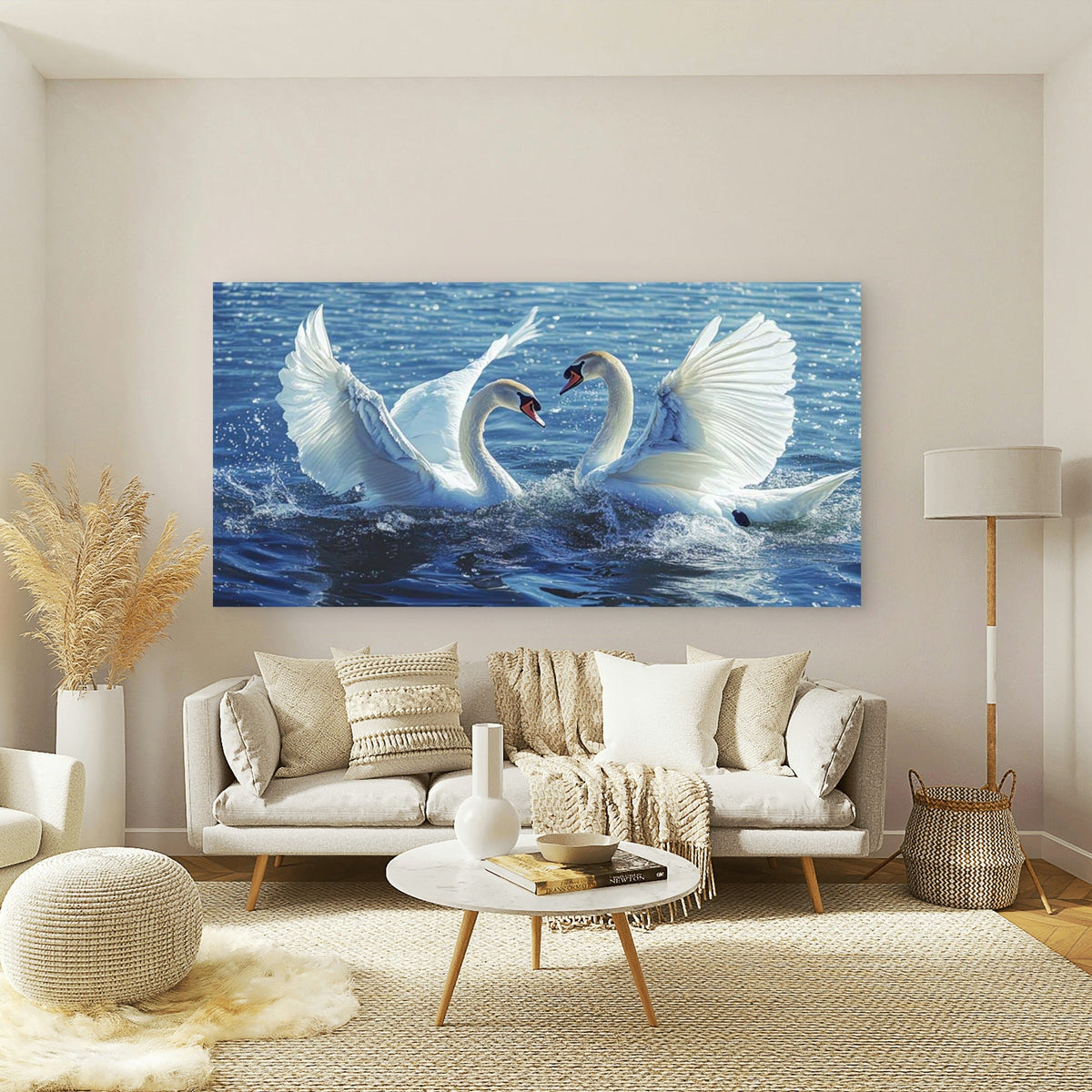 Swans in Love on Water Wall Art Canvas Office Home Room Framed 120x60cm