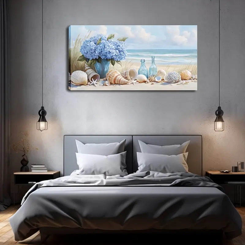 Beach With Blue Hydrangea Shells Wall Art Canvas Office Home Room Framed 120x60cm