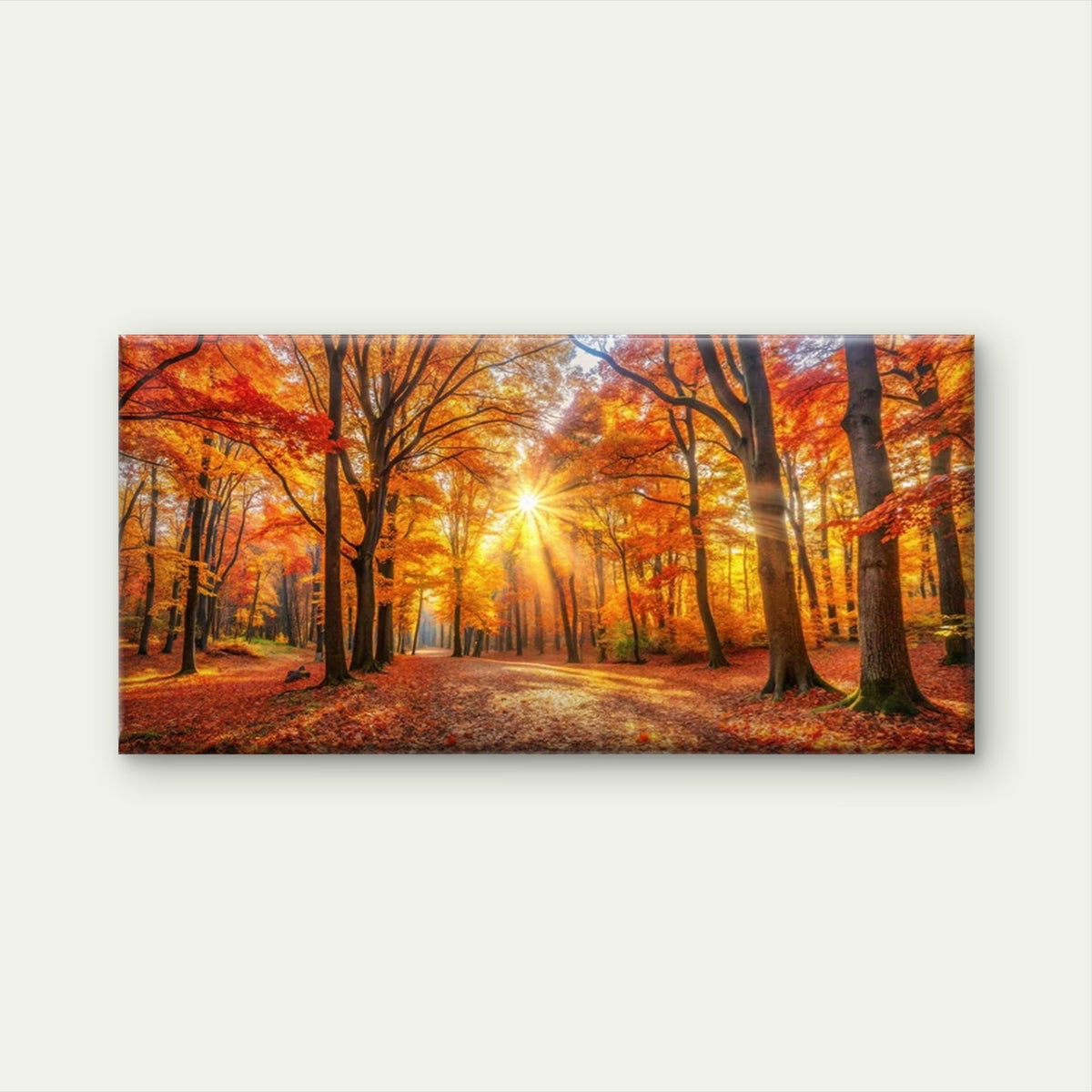 Golden Autumn Forest Path Wall Art Canvas Office Home Room Framed 80x45cm