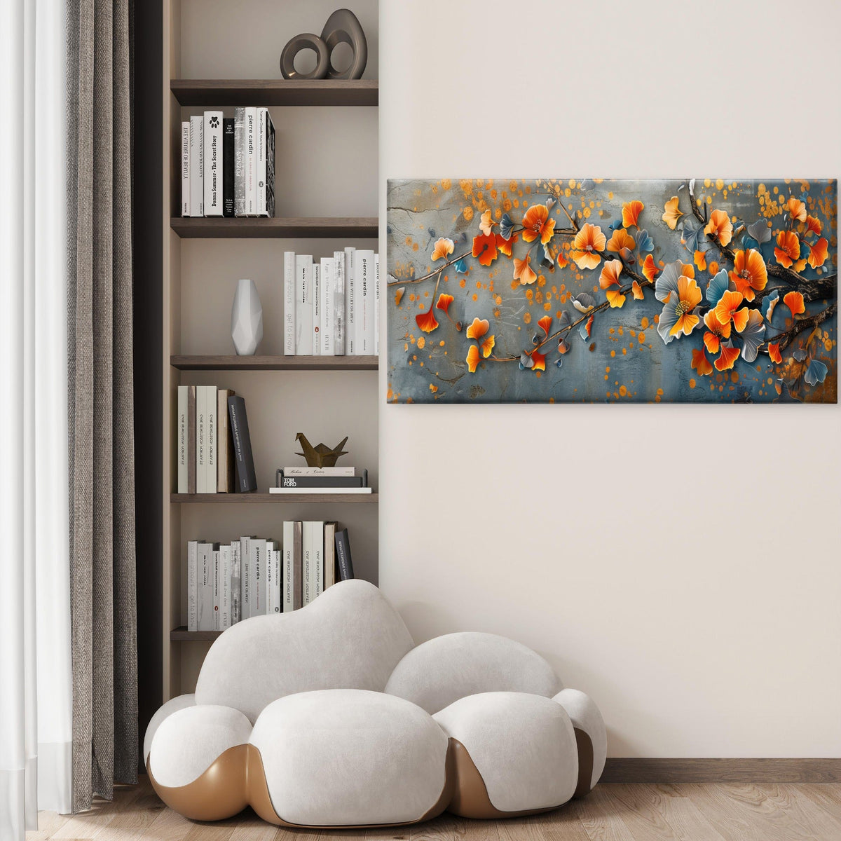 Orange Ginkgo Blossom Branch Wall Art Canvas Office Home Room Framed 80x45cm
