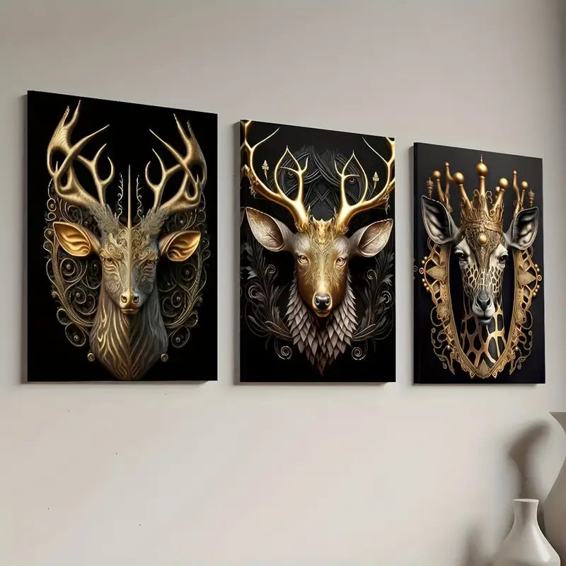 3pcs Golden Light Luxury Style Deer Head Crown Art Wall Art Set Canvas Framed 40x60cm - High Quality Print 100% Australian Made Wall Canvas Ready to Hang