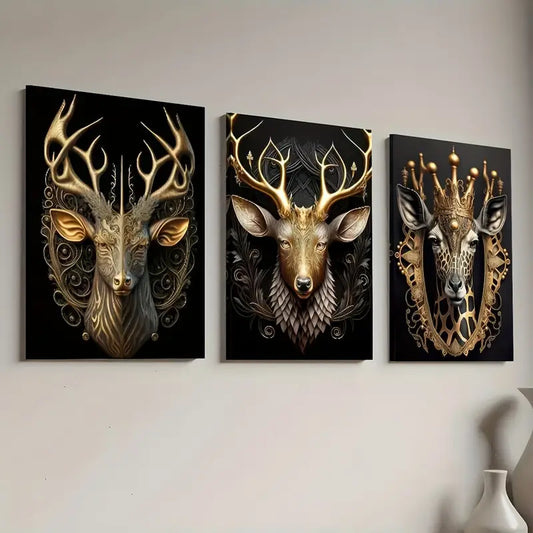 3pcs Golden Light Luxury Style Deer Head Crown Art Wall Art Set Canvas Framed 40x60cm - High Quality Print 100% Australian Made Wall Canvas Ready to Hang