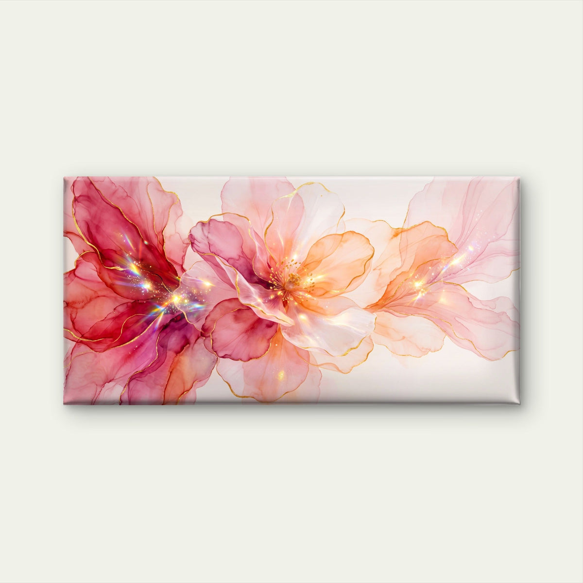 Abstract Pink Floral Watercolor Gold Sparkles Peach Wall Art Canvas Office Home Room Framed 80x45cm