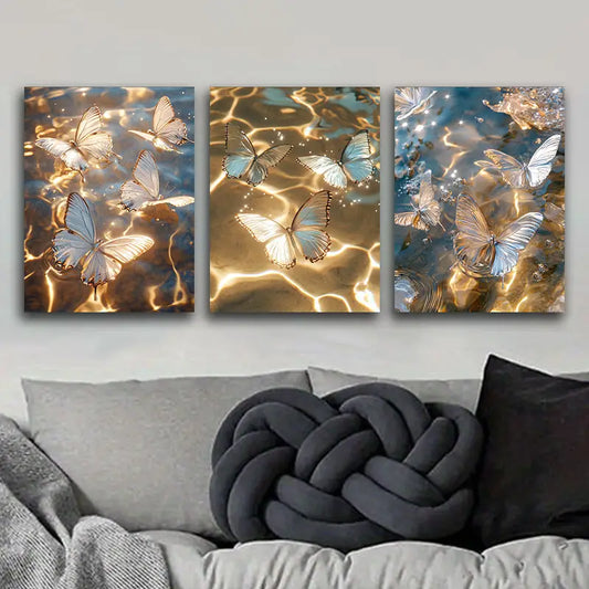3pcs Butterflies on Golden Water Metal Print Ready to Hang Art