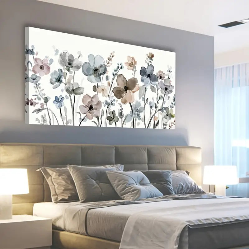 Navy Taupe Flowers Abstract Botanical Wall Art canvas office home room framed 120x60cm