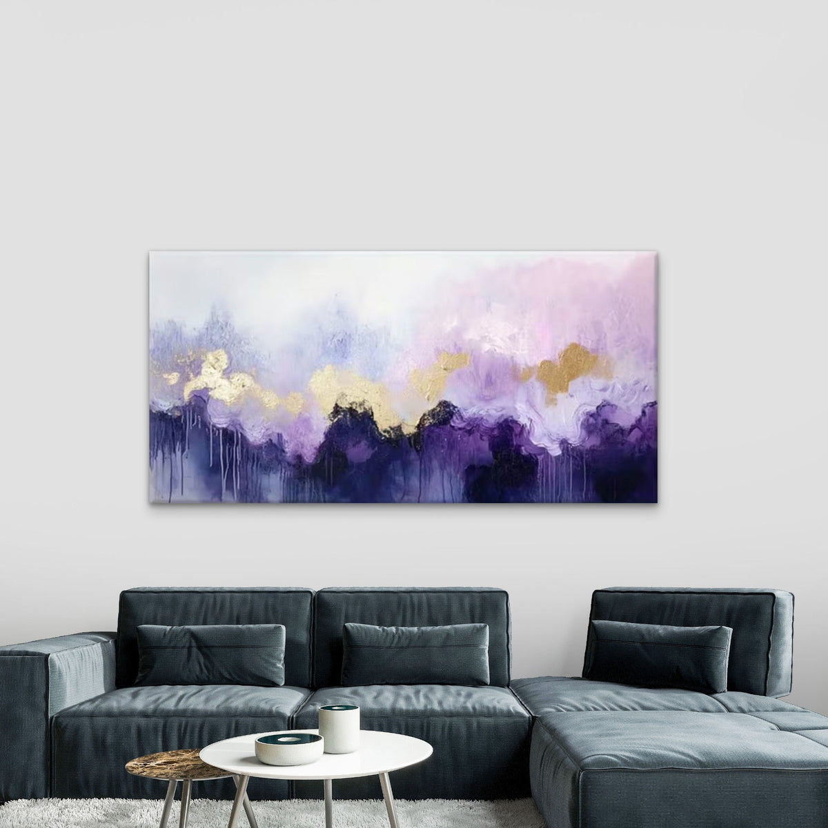Elegant Purple Waves Golden Wall Art Canvas Office Home Room Framed 120x60cm