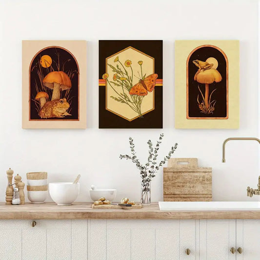3pcs Boho Chic Butterfly & Bullfrog Mushrooms Metal Print Ready to Hang Art