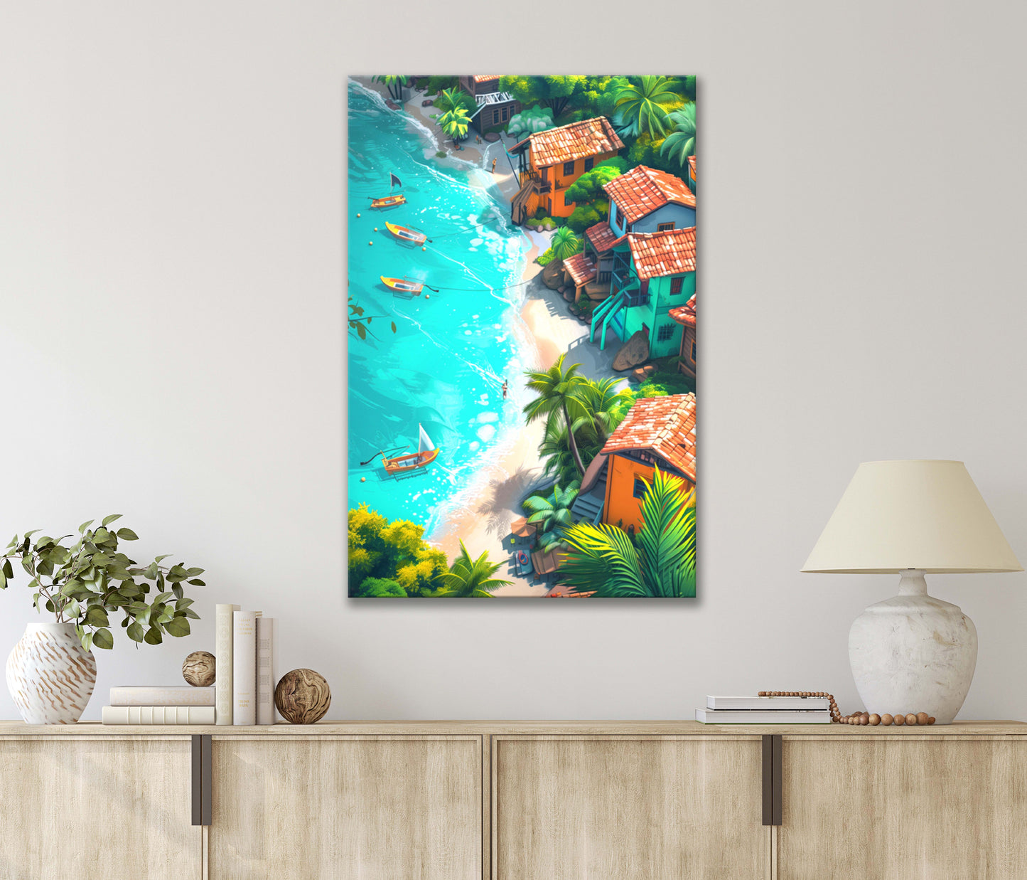 Stunning Painting of a Summer Beach with A Lot of Houses Print 100% Australian Made 40x60cm Stretched Canvas Ready to Hang