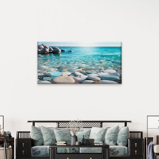 Coastal Beach Pebbles Clear Ocean Wall Art Canvas Office Home Framed 80x45cm
