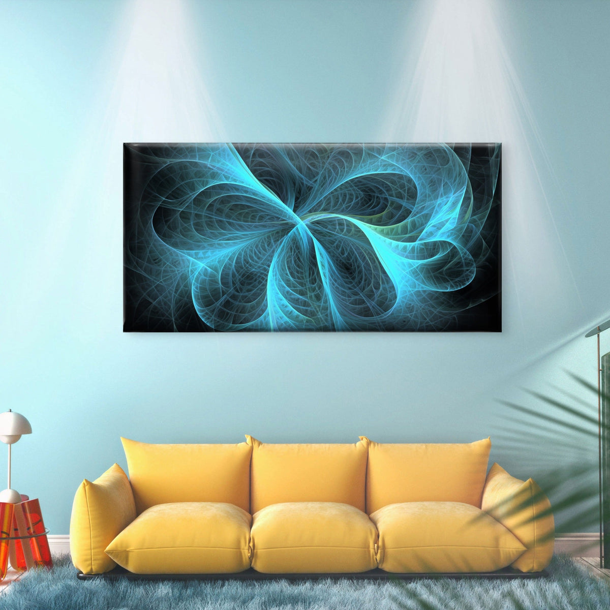 Blue Fractal Energy Wave Wall Art Canvas Office Home Room Framed 80x45cm