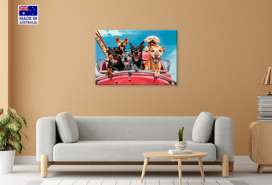 Joyful Pack of Dogs Enjoying a Thrilling Ride Print 100% Australian Made 60x40cm Stretched Canvas Ready to Hang